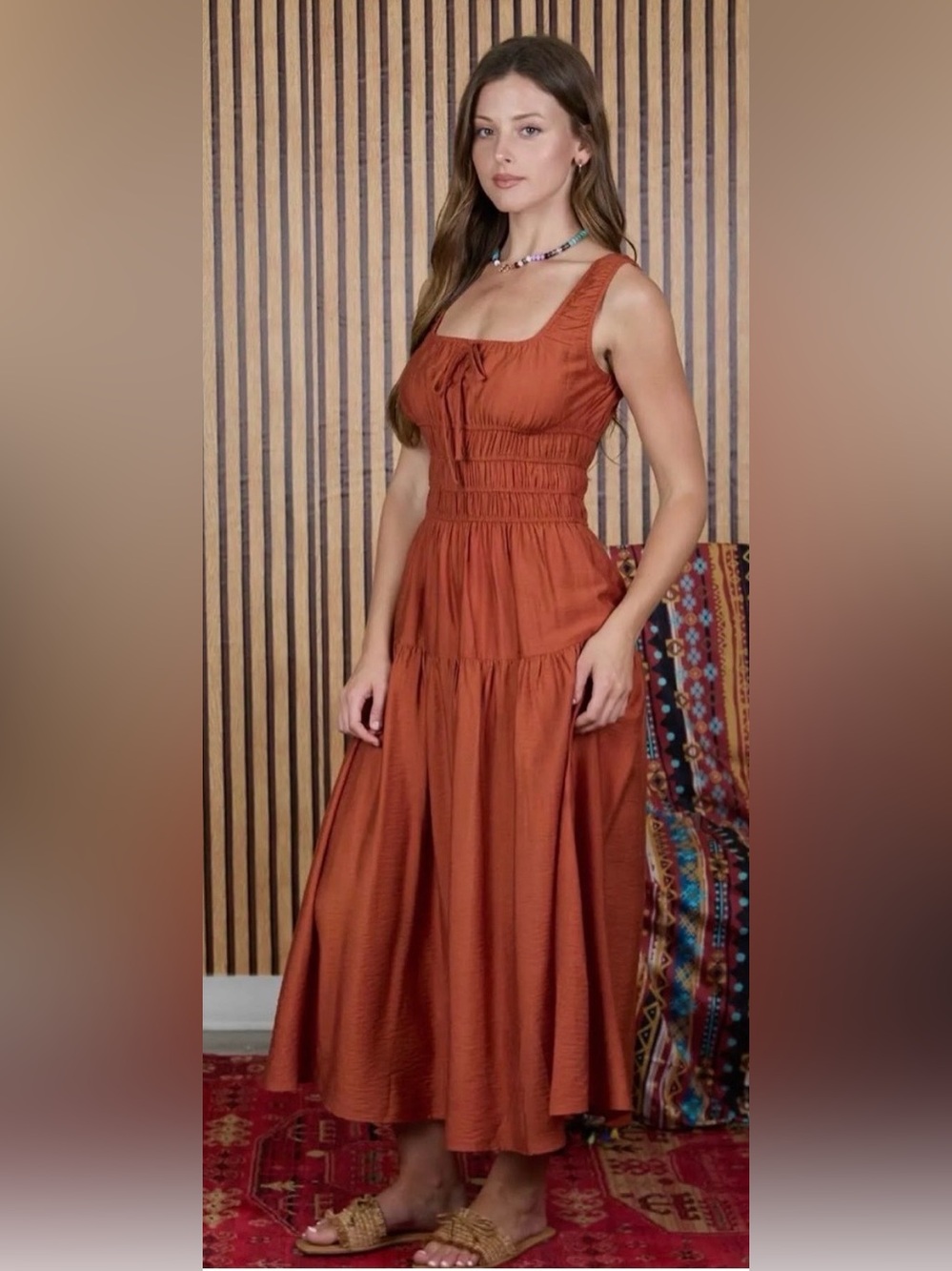 Blu Pepper Rust Tiered Maxi Dress with Smocked Bodice